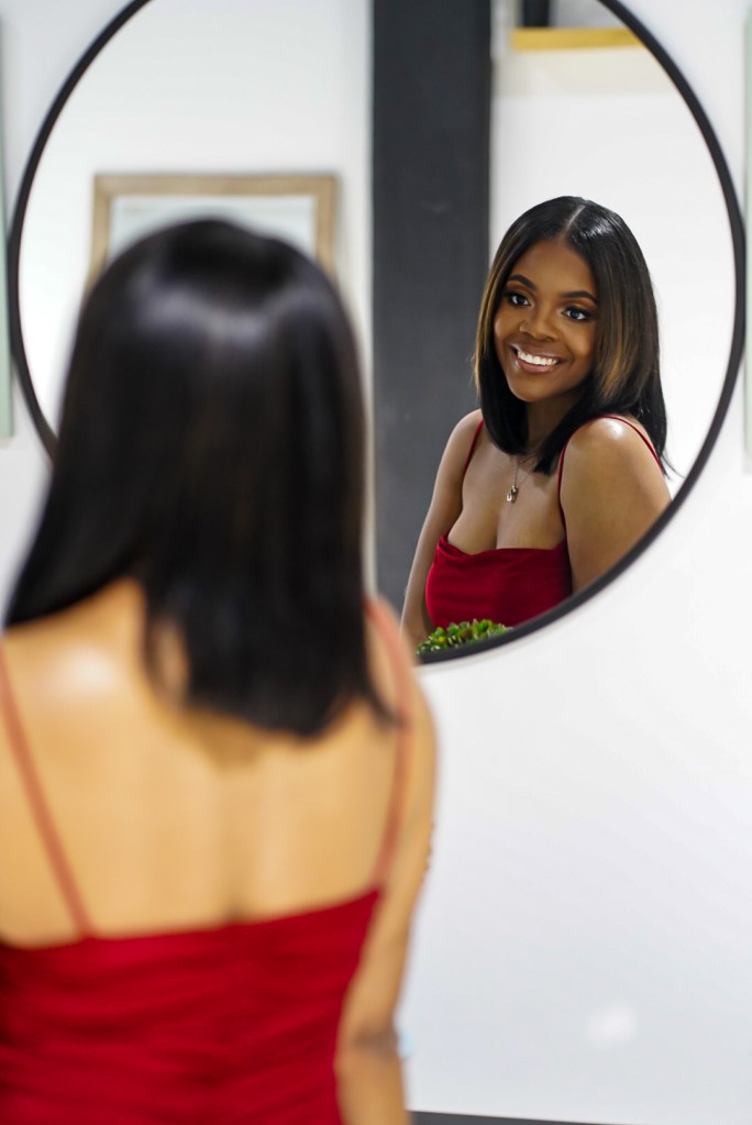 Blogger smiling in mirror